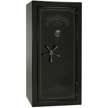 Liberty Safe National Magnum 25 in Black Gloss with Black Chrome Electronic Lock, closed door.