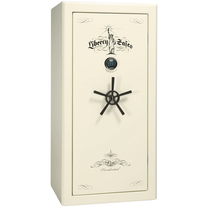 Liberty Safe Presidential 25 in White Marble with Black Chrome Electronic Lock, closed door.