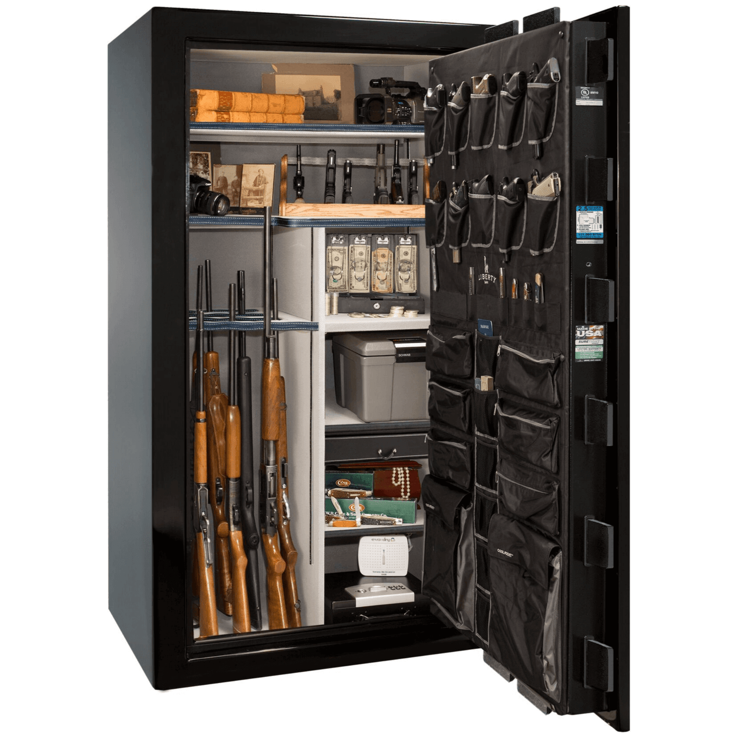 Liberty Safe National Magnum 50 in Black Gloss, open door.