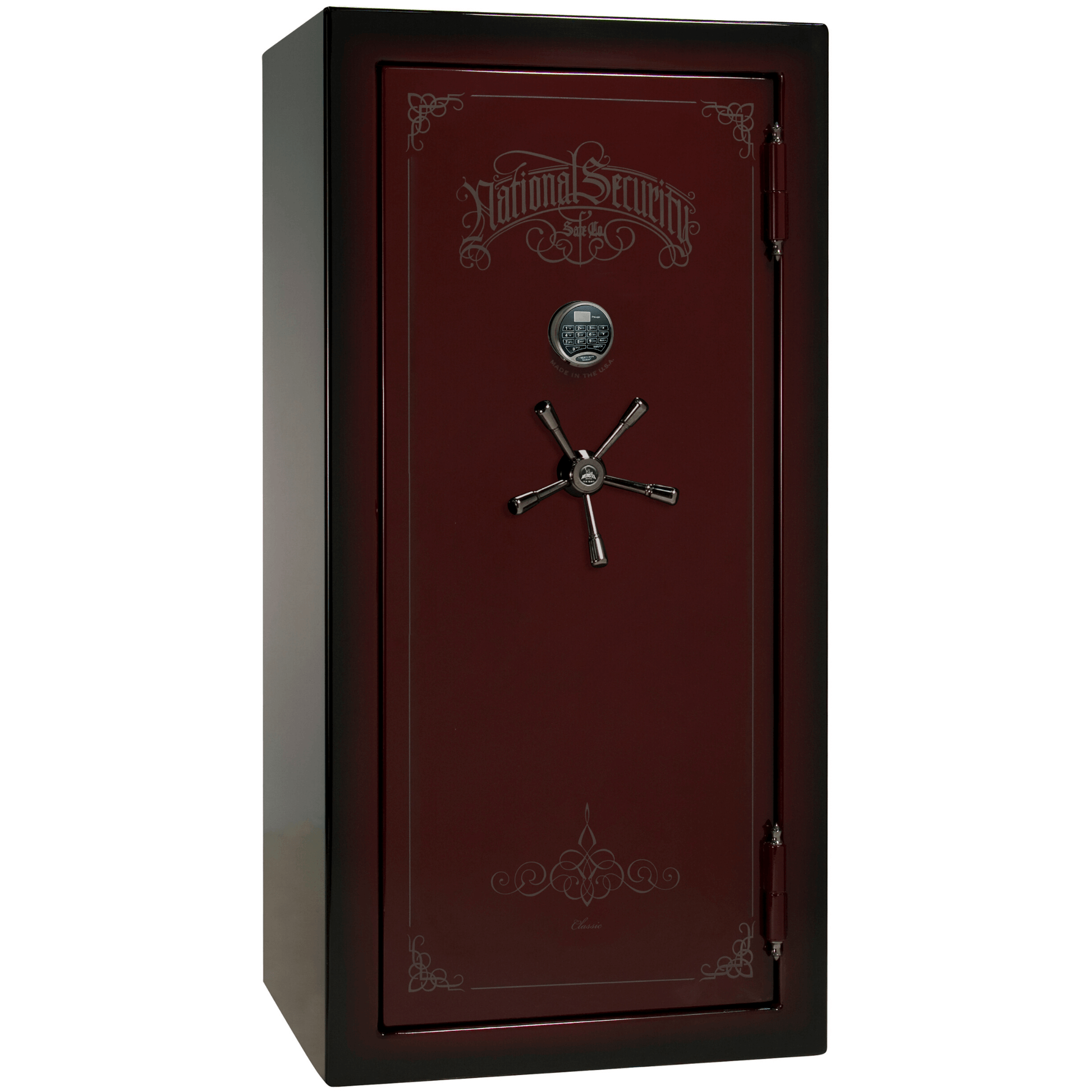 Liberty Safe Classic Plus 25 in Feathered Burgundy Gloss with Black Chrome Electronic Lock, closed door.
