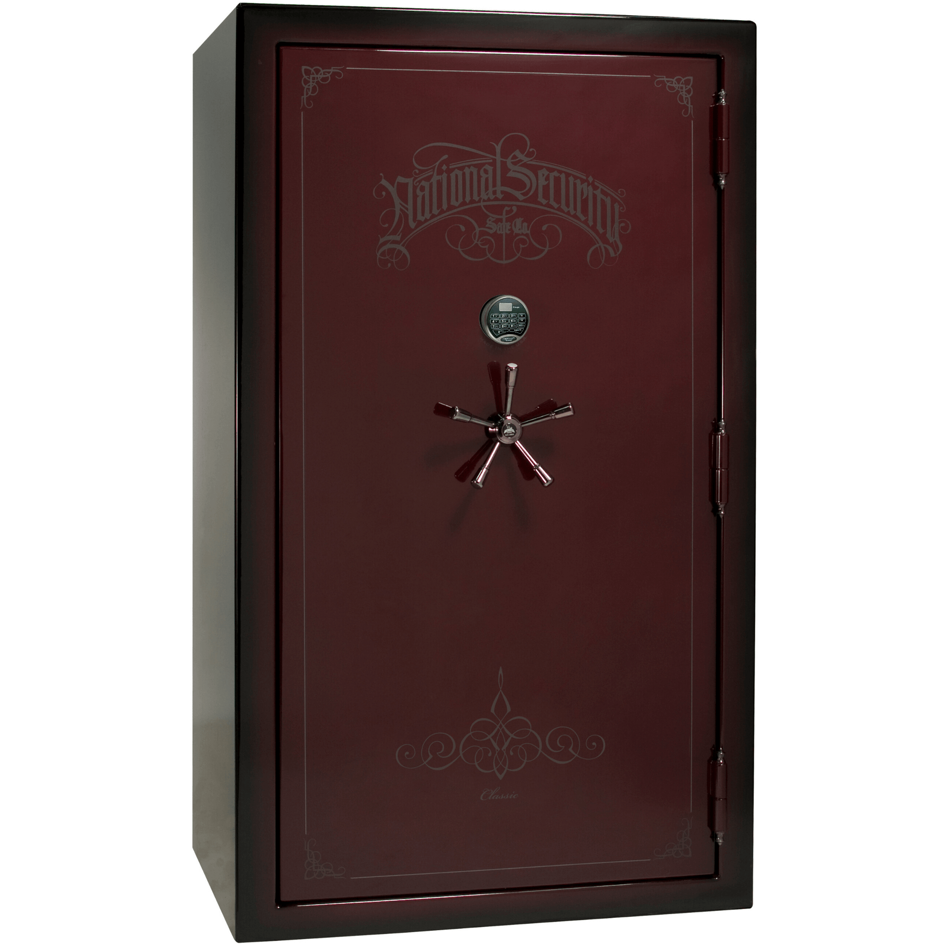 Liberty Safe Classic Plus 50 in Feathered Burgundy Gloss with Black Chrome Electronic Lock, closed door.