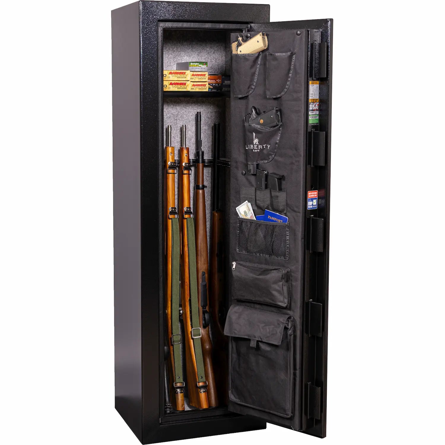 Liberty Safe Centurion 12 interior storing long guns, ammunition, and accessories with door panel organizer