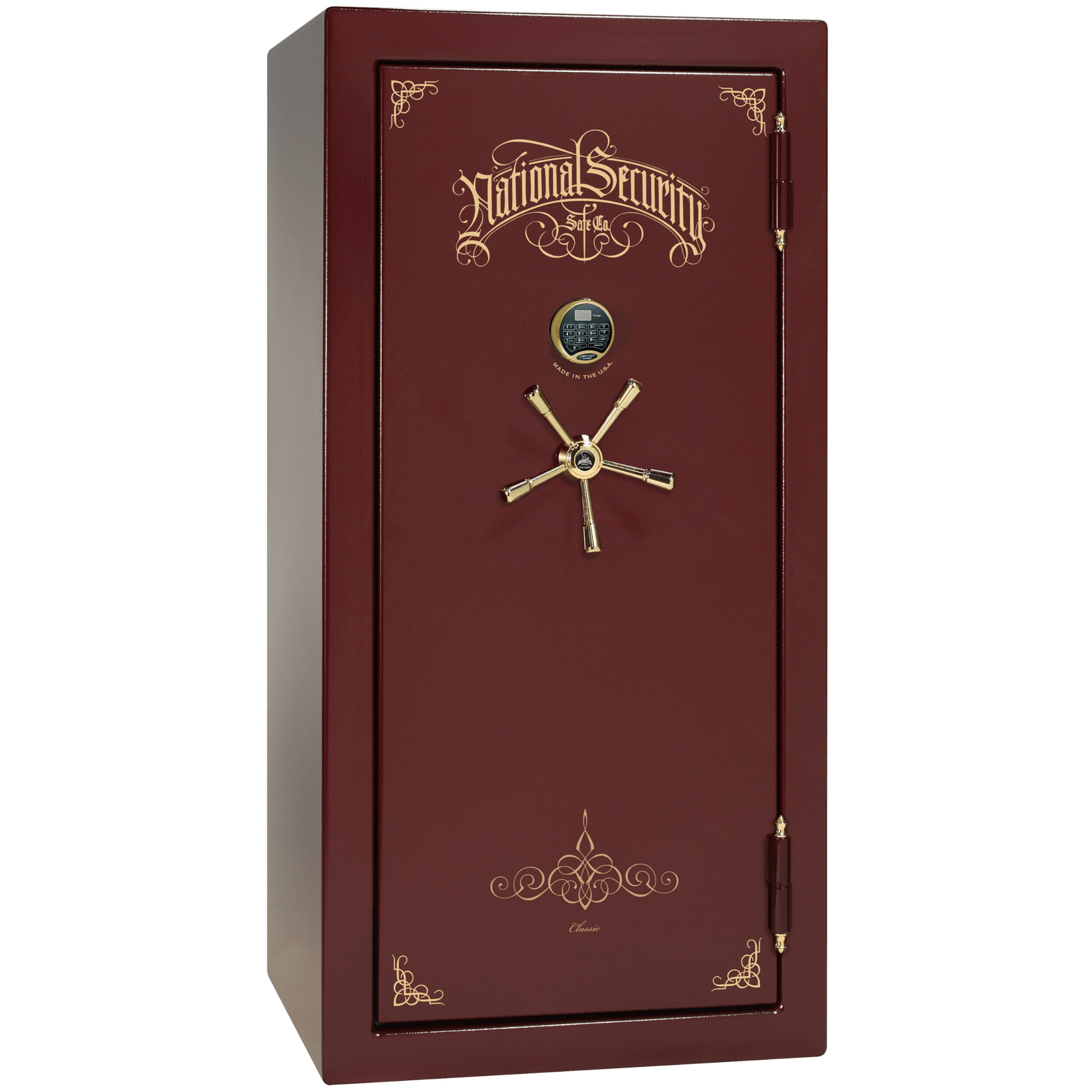 Liberty Safe Classic Plus 25 in Burgundy Marble with Brass Electronic Lock, closed door.