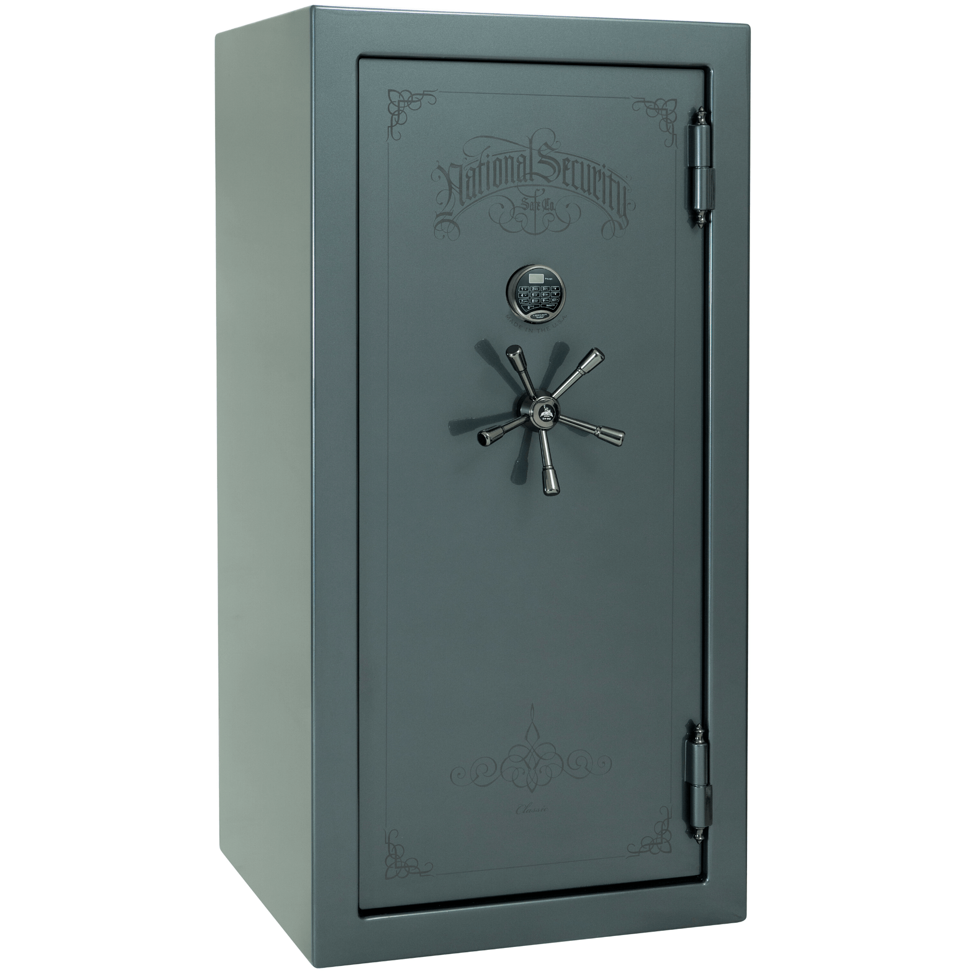 Liberty Safe Classic Plus 25 in Forest Mist Gloss with Black Chrome Electronic Lock, closed door.