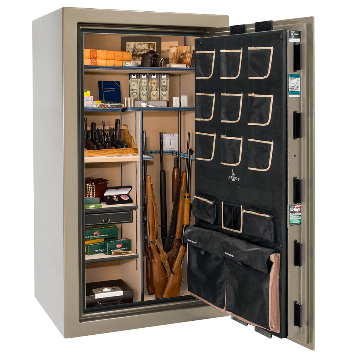 Liberty Safe Classic Plus 40 in Champagne Marble with Black Chrome Electronic Lock, closed door.