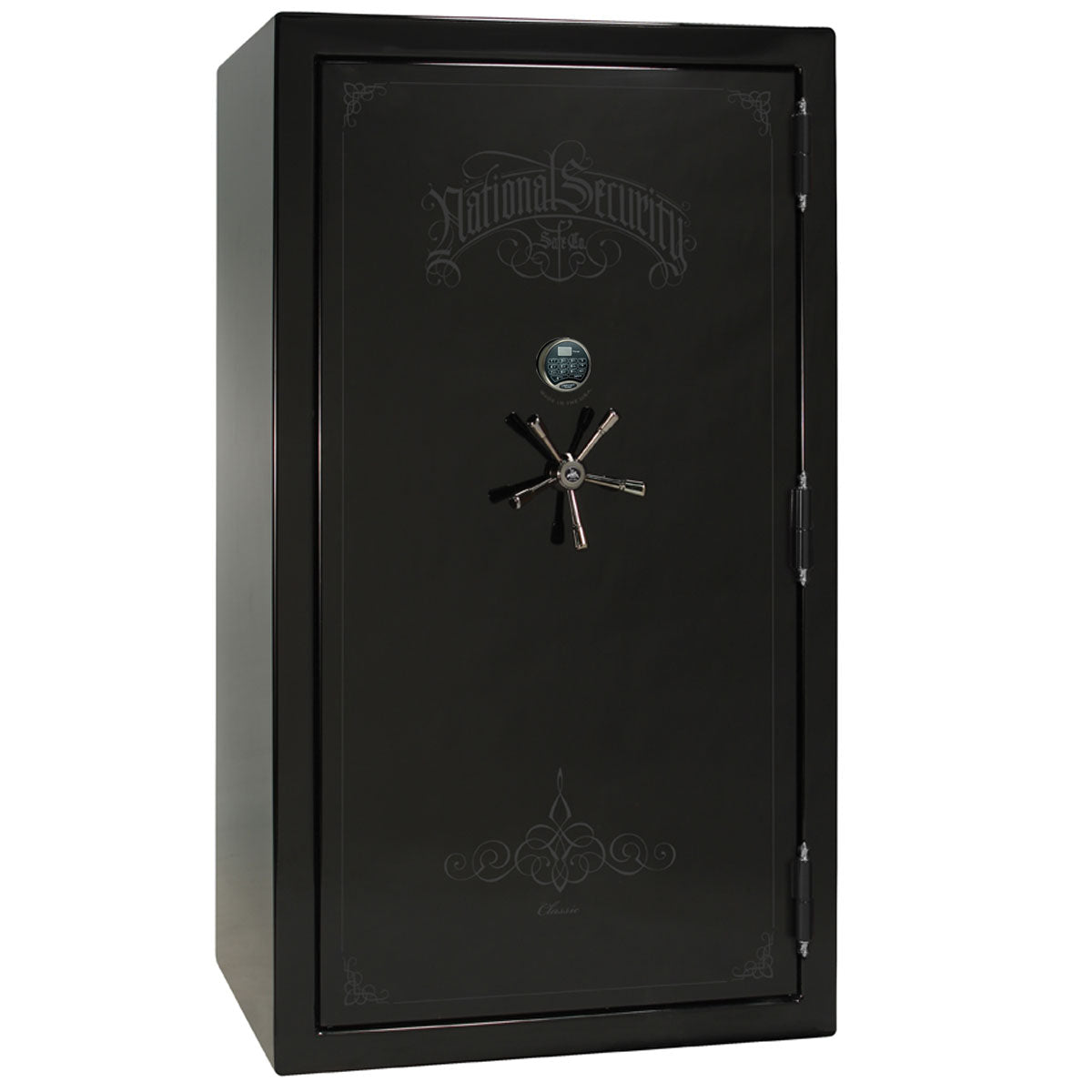 Liberty Safe Classic Plus 50 in Black Gloss with Black Chrome Electronic Lock, closed door.