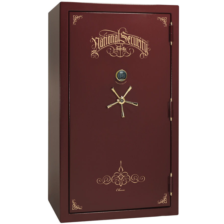 Liberty Safe Classic Plus 50 in Burgundy Marble with Brass Electronic Lock, closed door.