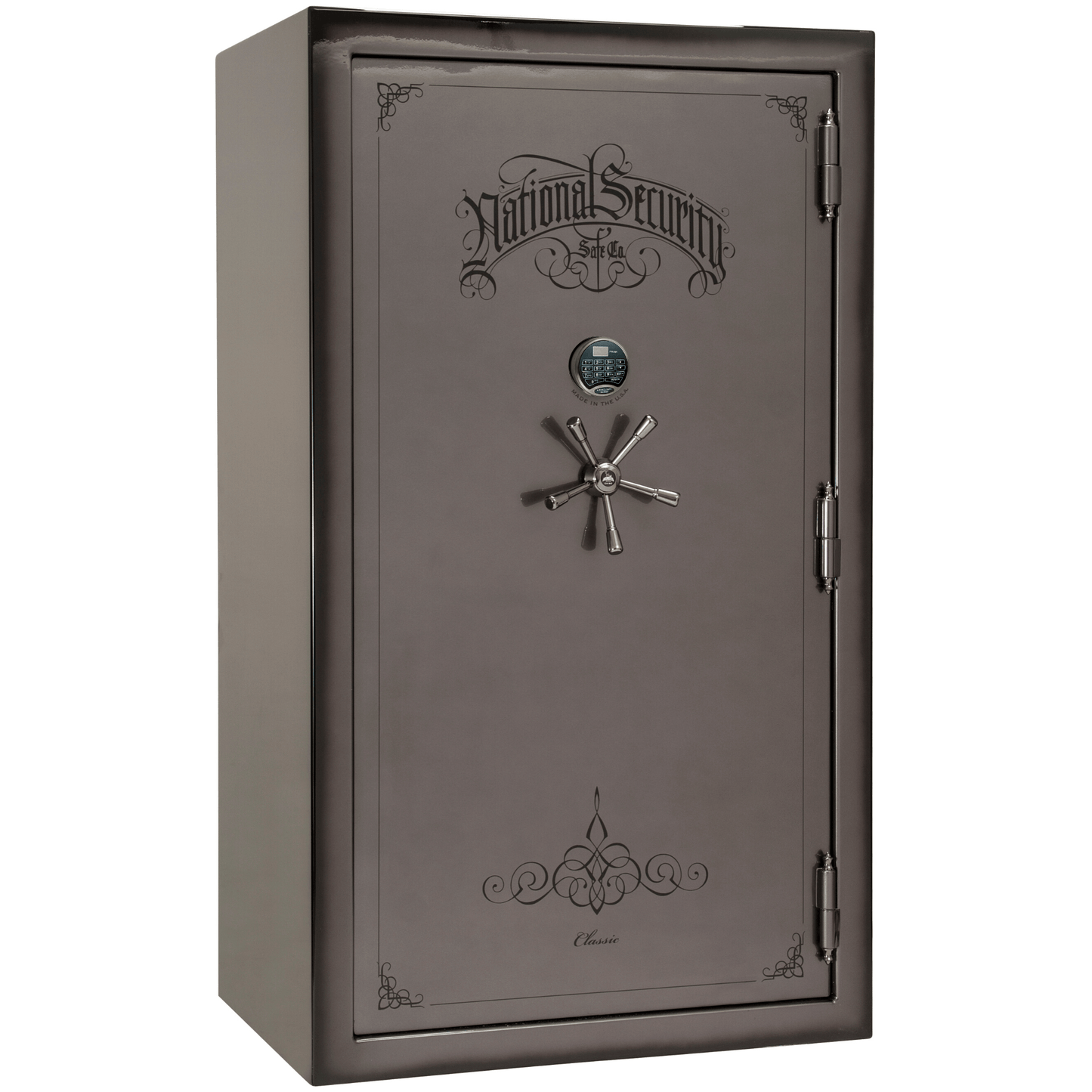 Liberty Safe Classic Plus 50 in Feathered Gray Gloss with Black Chrome Electronic Lock, closed door.