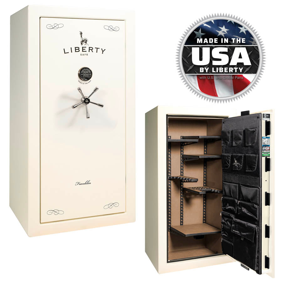 Liberty Franklin 23 safe in White Gloss with black chrome hardware – open interior and door panel organizer – featured in Pre-Black Friday Sale.