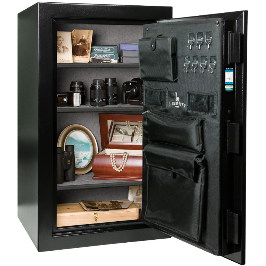 Liberty Home Series 12 in Textured Black with Black Chrome Hardware, Door Open.