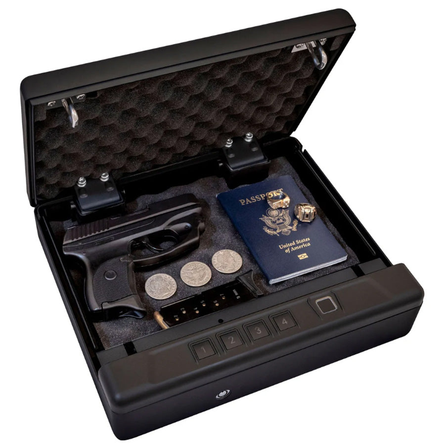 Liberty Safe's HDV-150X Biometric Handgun Vault, open.