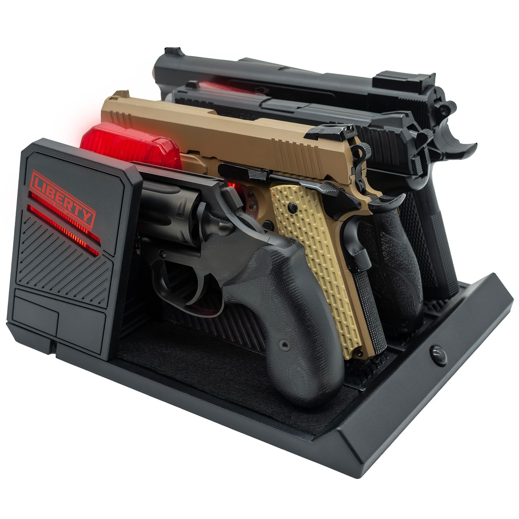 LIBERTY RED BRIGHT LIT LED PISTOL RACK, LOADED.