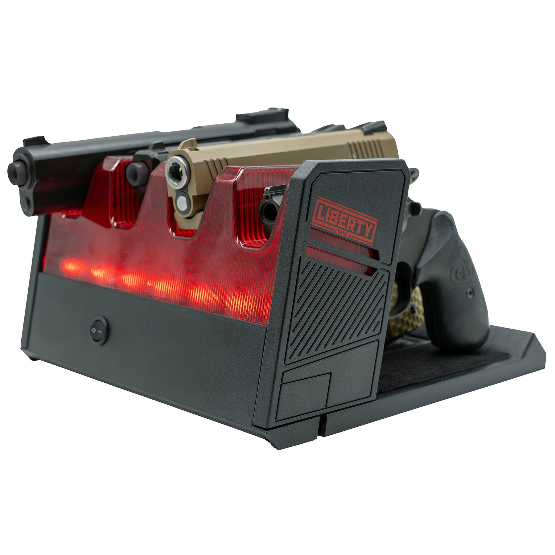 LIBERTY RED BRIGHT LIT LED PISTOL RACK, FRONT.