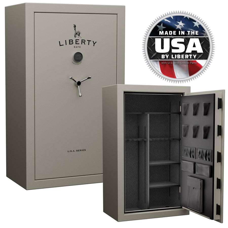 Liberty USA 36 safe in Textured Canvas beige with Black Chrome electronic lock.