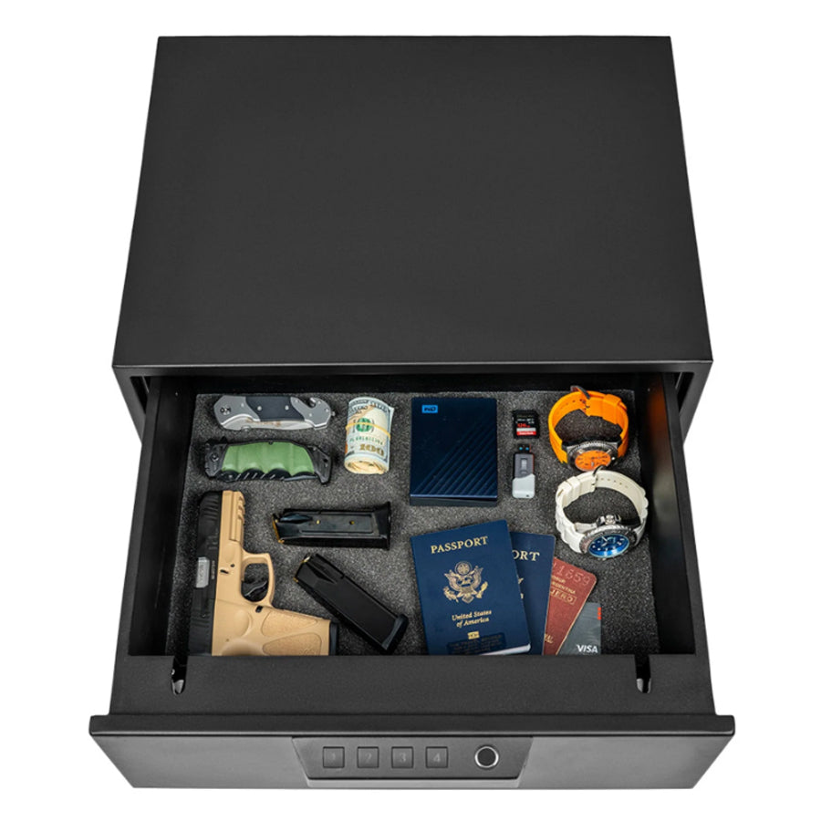 Liberty Safe HDV-300X Biometric Handgun Vault, loaded Interior.