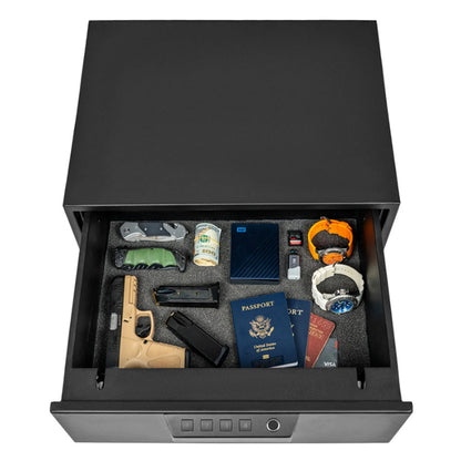 Liberty Safe HDV-300X Biometric Handgun Vault, loaded Interior.