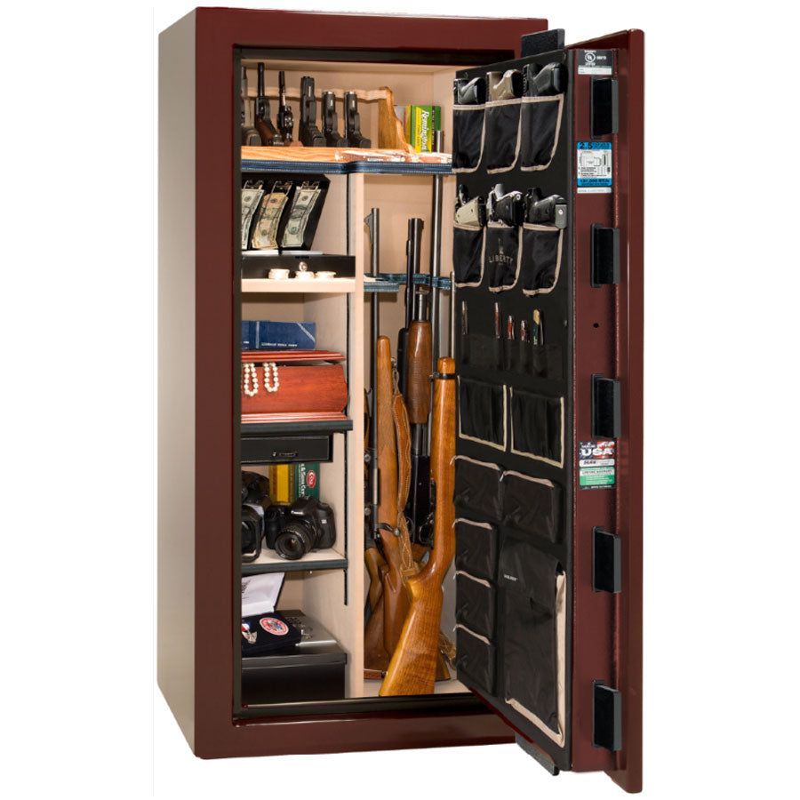 Liberty Safe National Magnum 25 in Burgundy Gloss, open door.