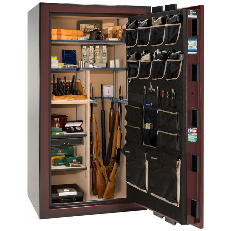 Liberty Safe National Magnum 40 in Burgundy Gloss, open door.