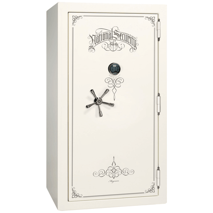 Liberty Safe National Magnum 40 in White Gloss with Black Chrome Electronic Lock, closed door.