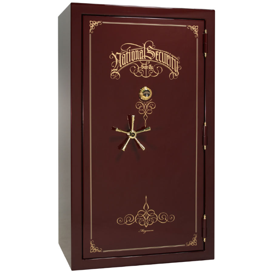 Liberty Safe National Magnum 50 in Burgundy Gloss with Brass Electronic Lock, closed door.