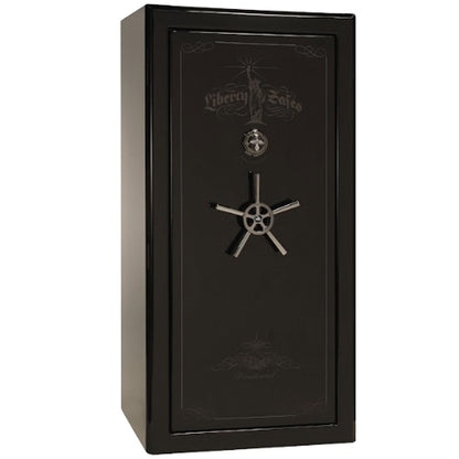 Liberty Safe Presidential 25 in Black Gloss with Black Chrome Electronic Lock, closed door.