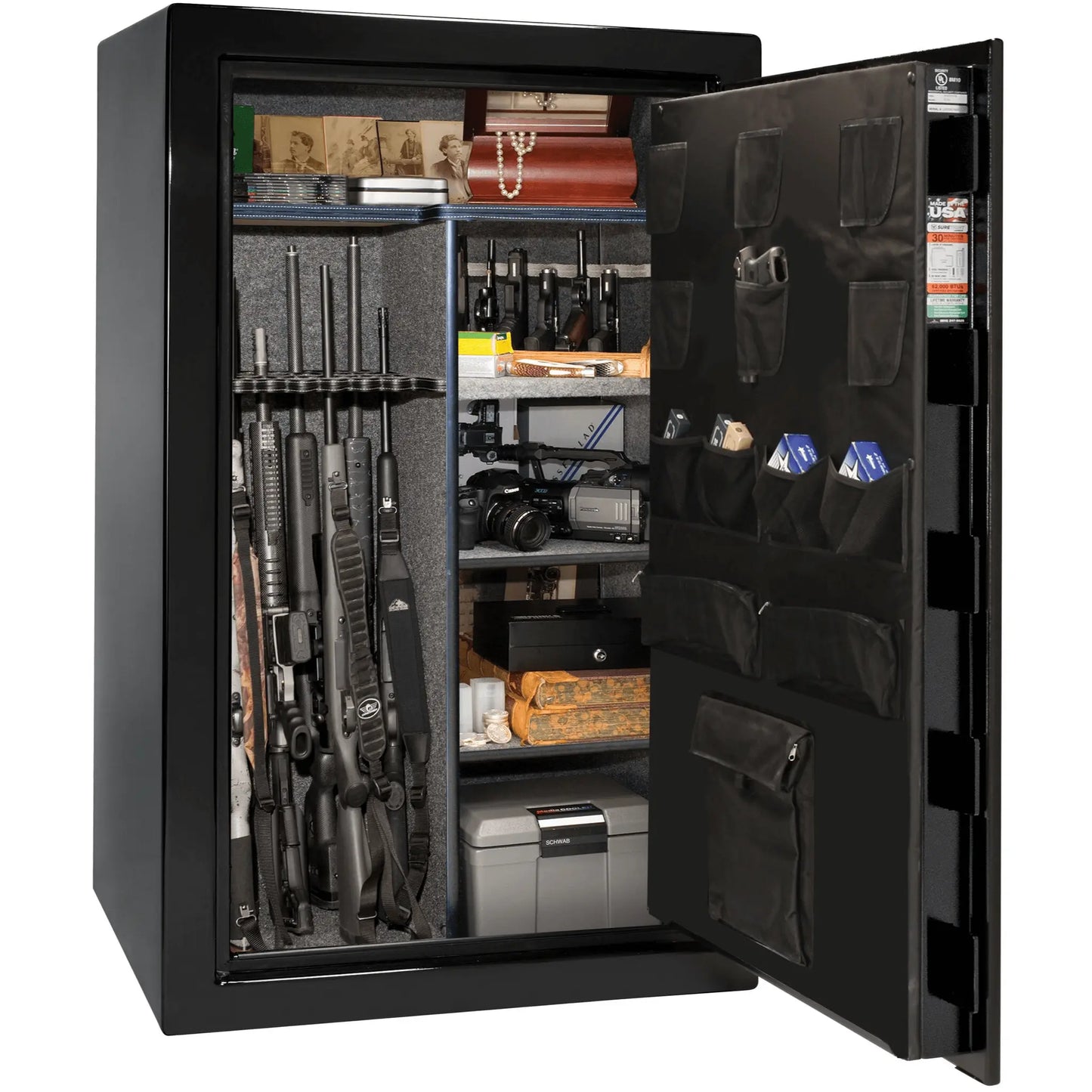 Liberty Safe USA 36 gun safe in textured black with loaded interior, shelves and door panel organizer