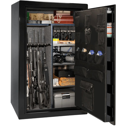 Liberty Safe USA 36 gun safe in textured black with loaded interior, shelves and door panel organizer