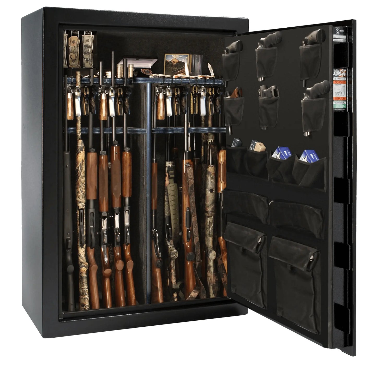 Liberty Safe USA 48 gun safe in textured black with loaded interior and door panel organizer to show 48-gun capacity