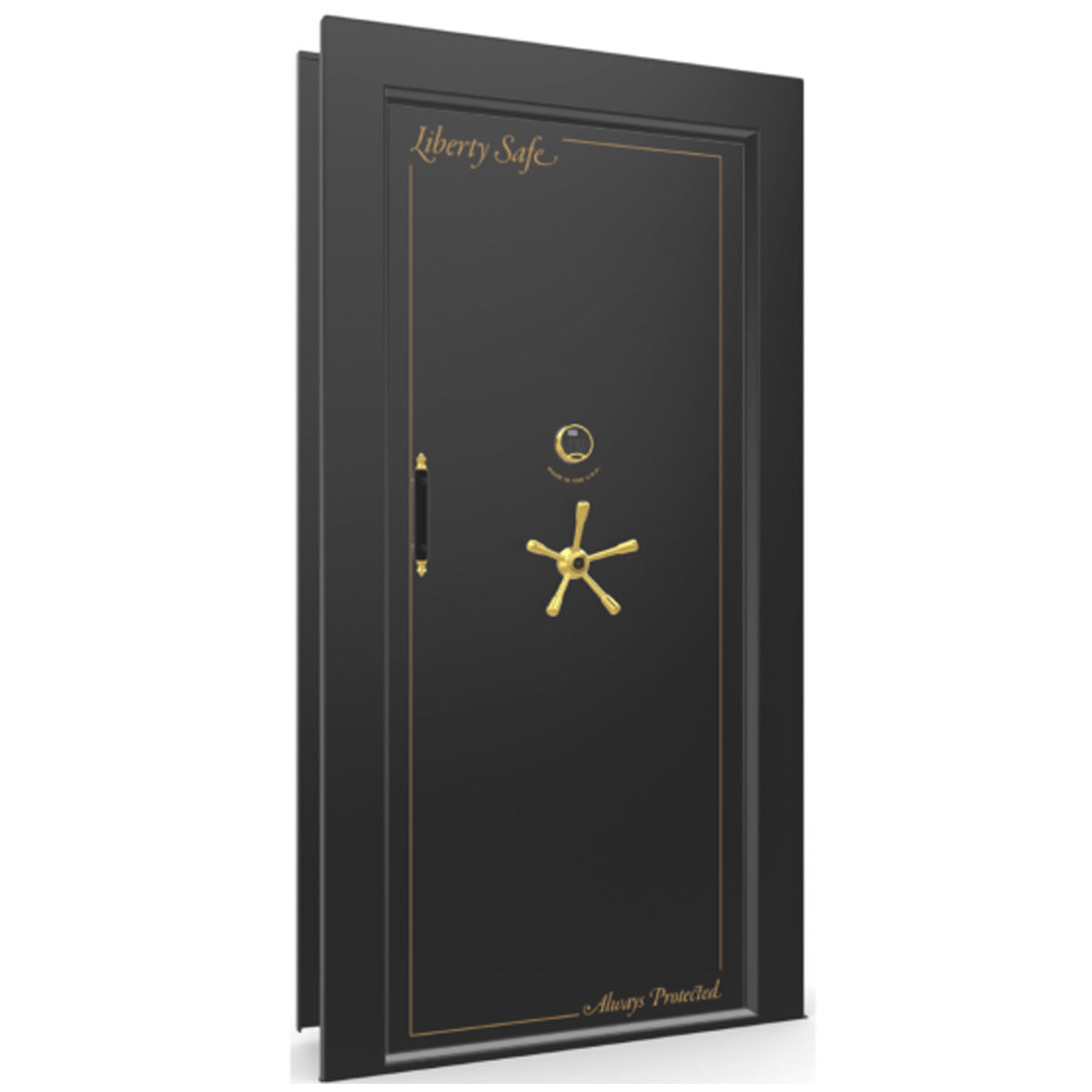 The Beast Vault Door in Black Gloss with Brass Electronic Lock, Right Inswing, door closed.