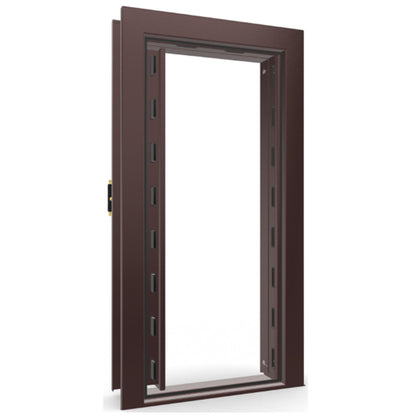 The Beast Vault Door in Burgundy Gloss with Brass Electronic Lock, Left Inswing, door open.