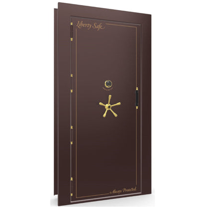 The Beast Vault Door in Burgundy Gloss with Brass Electronic Lock, Left Outswing, door closed.