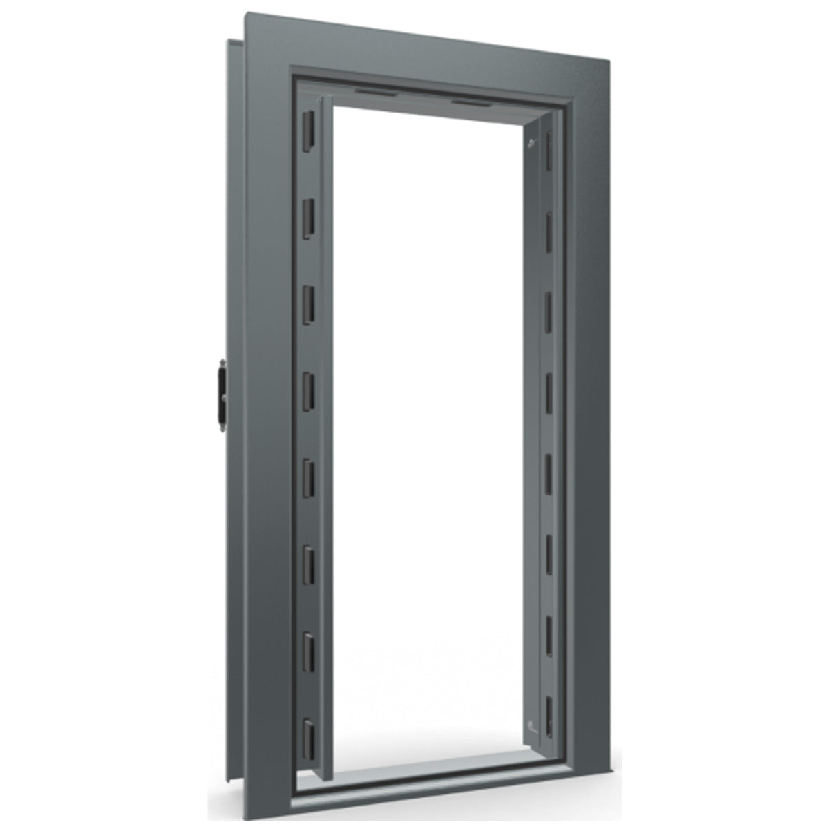 The Beast Vault Door in Forest Mist Gloss with Black Chrome Electronic Lock, Left Inswing, door open.