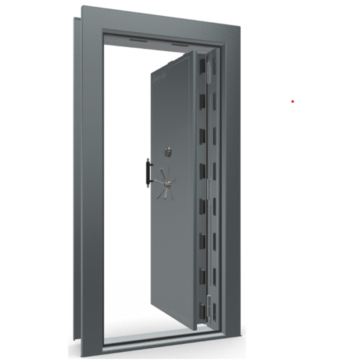 The Beast Vault Door in Forest Mist Gloss with Black Chrome Electronic Lock, Right Inswing, door open.