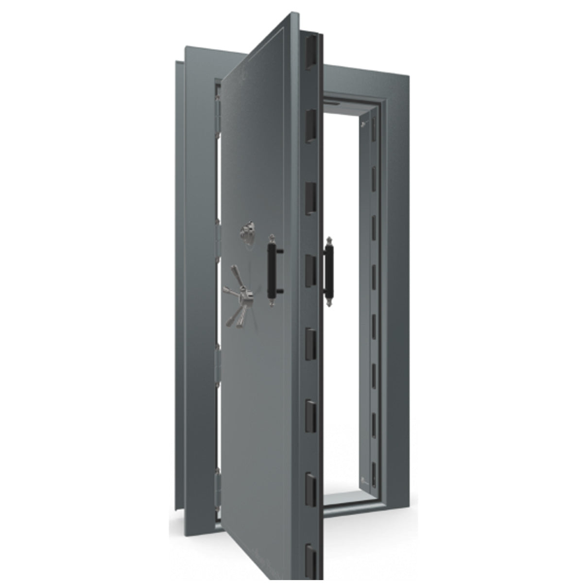 The Beast Vault Door in Forest Mist Gloss with Black Chrome Electronic Lock, Left Outswing, door open.