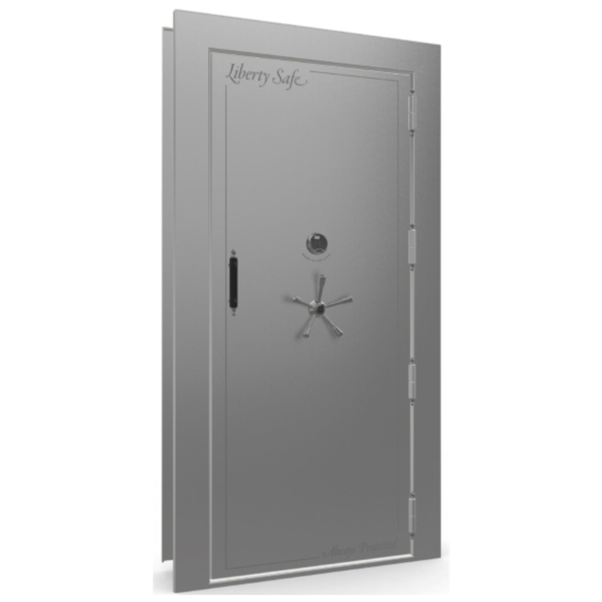 The Beast Vault Door in Gray Gloss with Black Chrome Electronic Lock, Right Outswing, door closed.