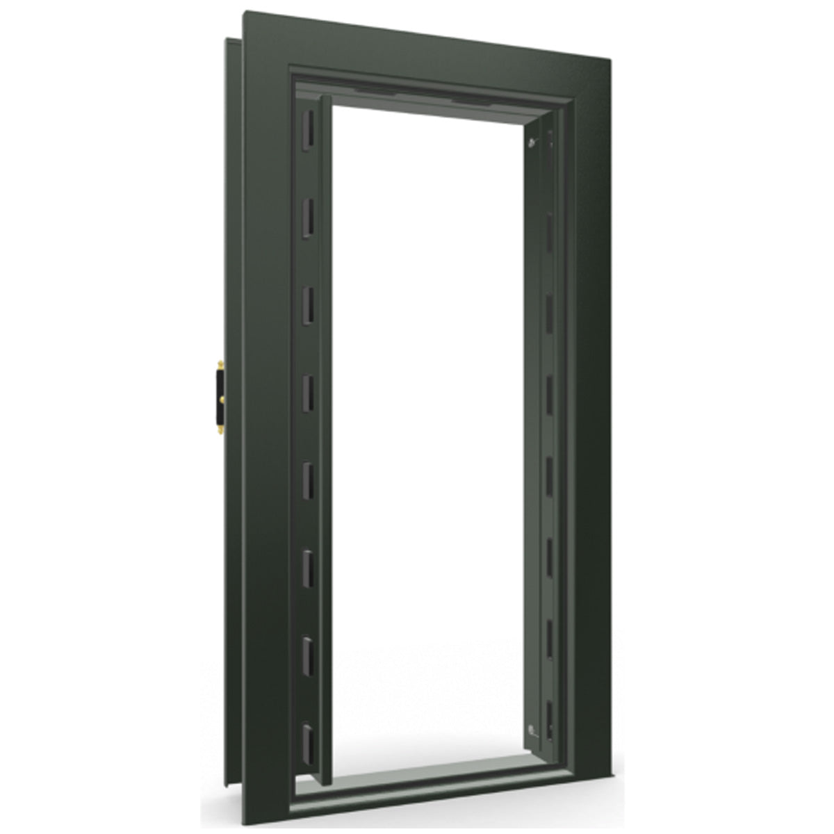 The Beast Vault Door in Green Gloss with Brass Electronic Lock, Left Inswing, door open.