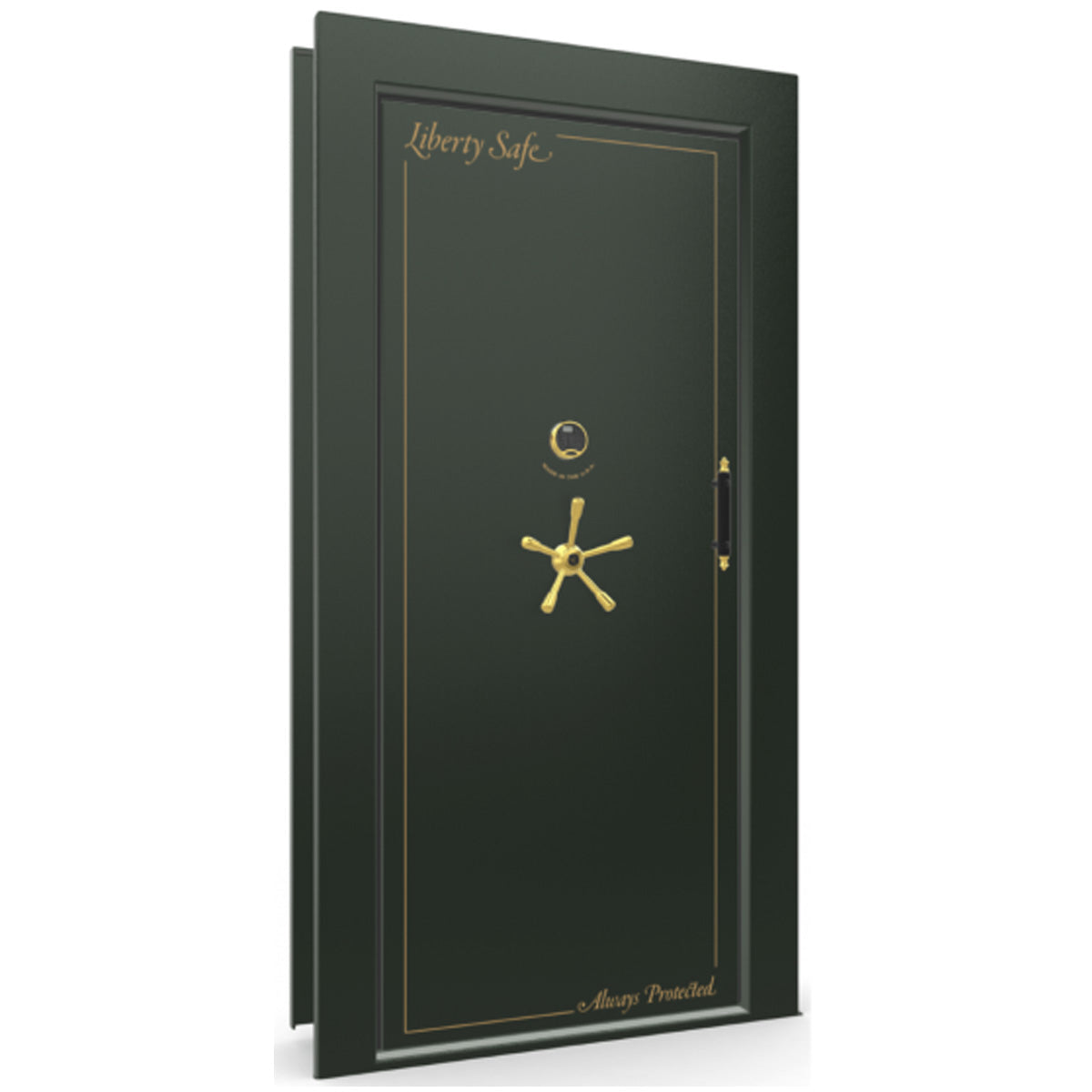 The Beast Vault Door in Green Gloss with Brass Electronic Lock, Left Inswing, door closed.