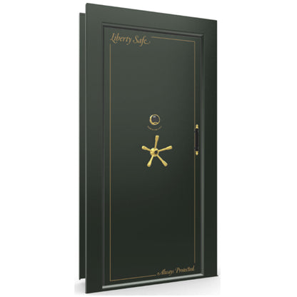 The Beast Vault Door in Green Gloss with Brass Electronic Lock, Left Inswing, door closed.