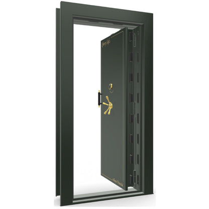 The Beast Vault Door in Green Gloss with Brass Electronic Lock, Right Inswing, door open.