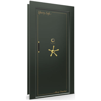 The Beast Vault Door in Green Gloss with Brass Electronic Lock, Right Inswing, door closed.