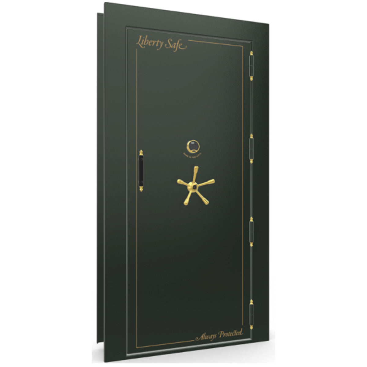 The Beast Vault Door in Green Gloss with Brass Electronic Lock, Right Outswing, door closed.