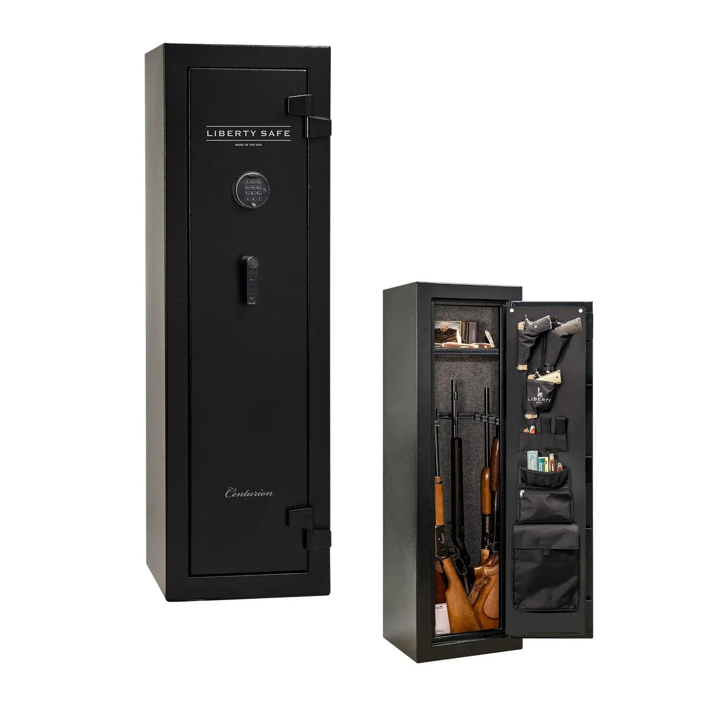 Liberty Safe Centurion 12 gun safe in textured black shown closed alongside loaded interior with door panel organizer
