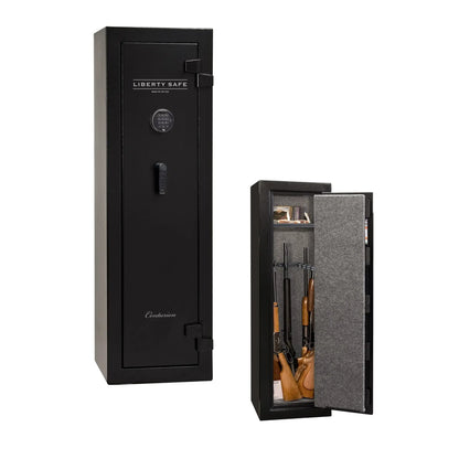 Liberty Safe Centurion 12 gun safe in textured black with electronic lock shown closed alongside interior view without door panel