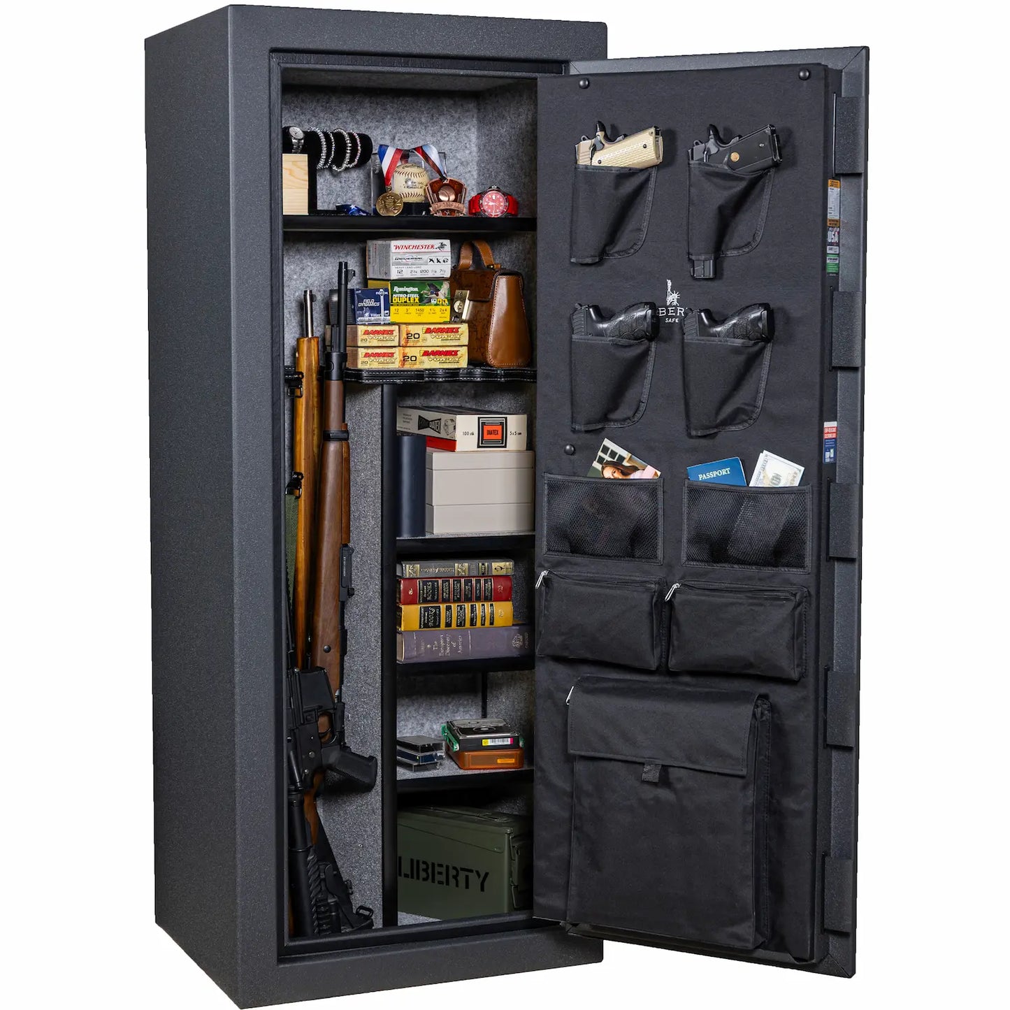 Liberty Centurion 18 250th Commemorative Gun Safe in Forged Black showing interior storage loaded