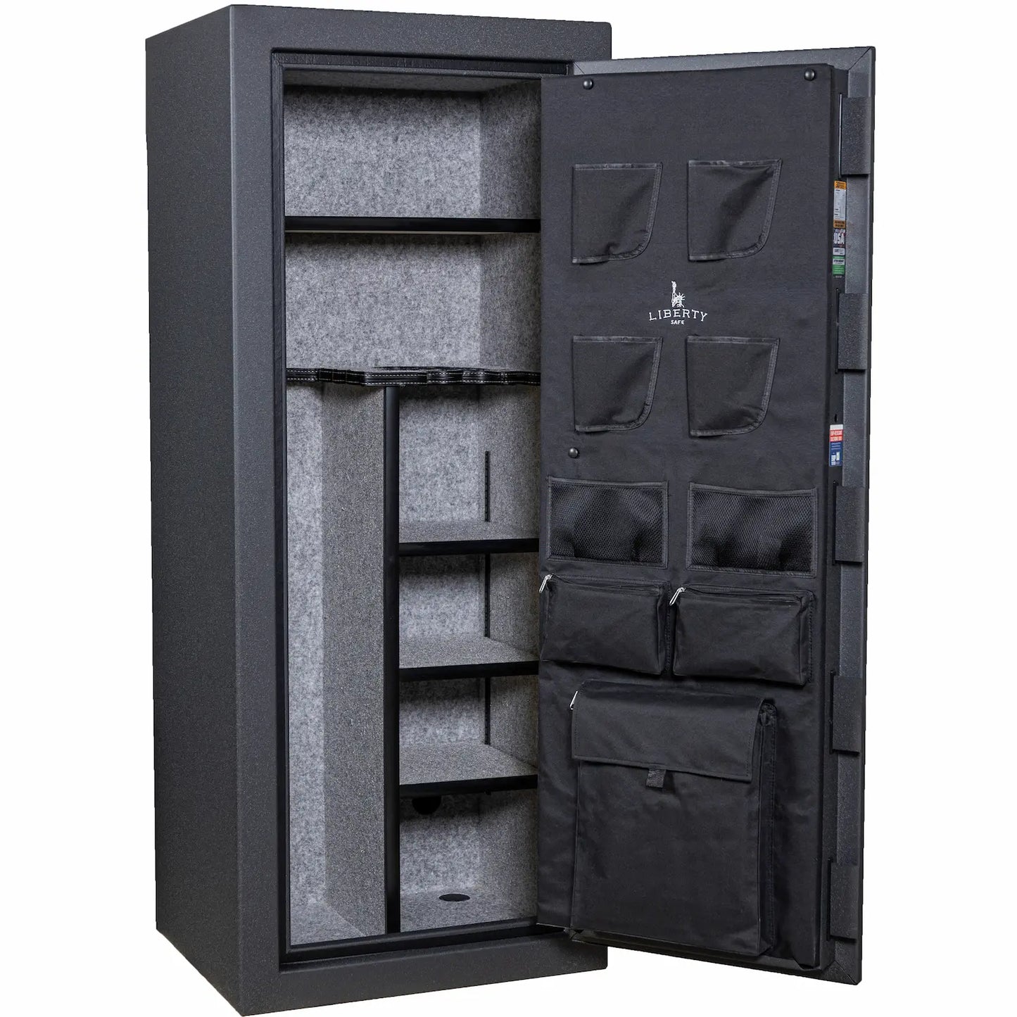 Liberty Centurion 18 250th Commemorative Gun Safe in Forged Black showing interior storage