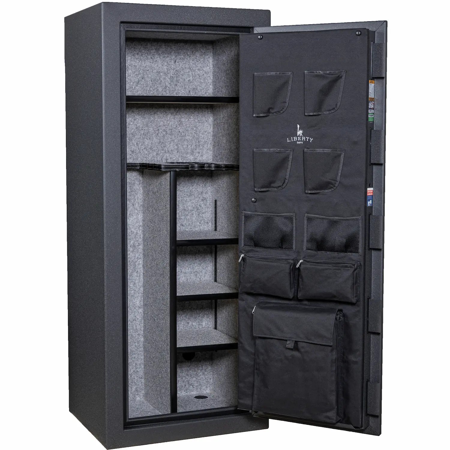 Liberty Centurion 18 250th Commemorative Gun Safe in Forged Black showing interior storage