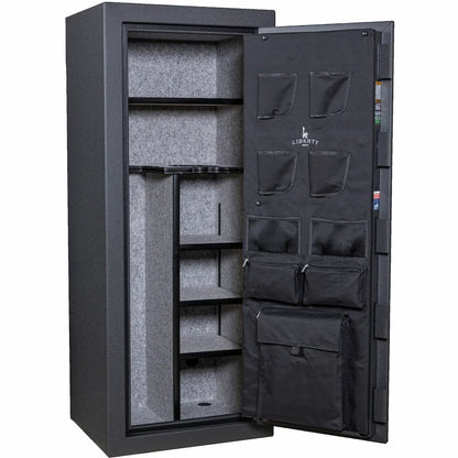 Liberty Centurion 18 250th Commemorative Gun Safe in Forged Black showing interior storage