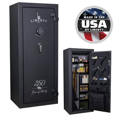Liberty Centurion 18 250th Commemorative Gun Safe in Forged Black showing exterior and interior storage