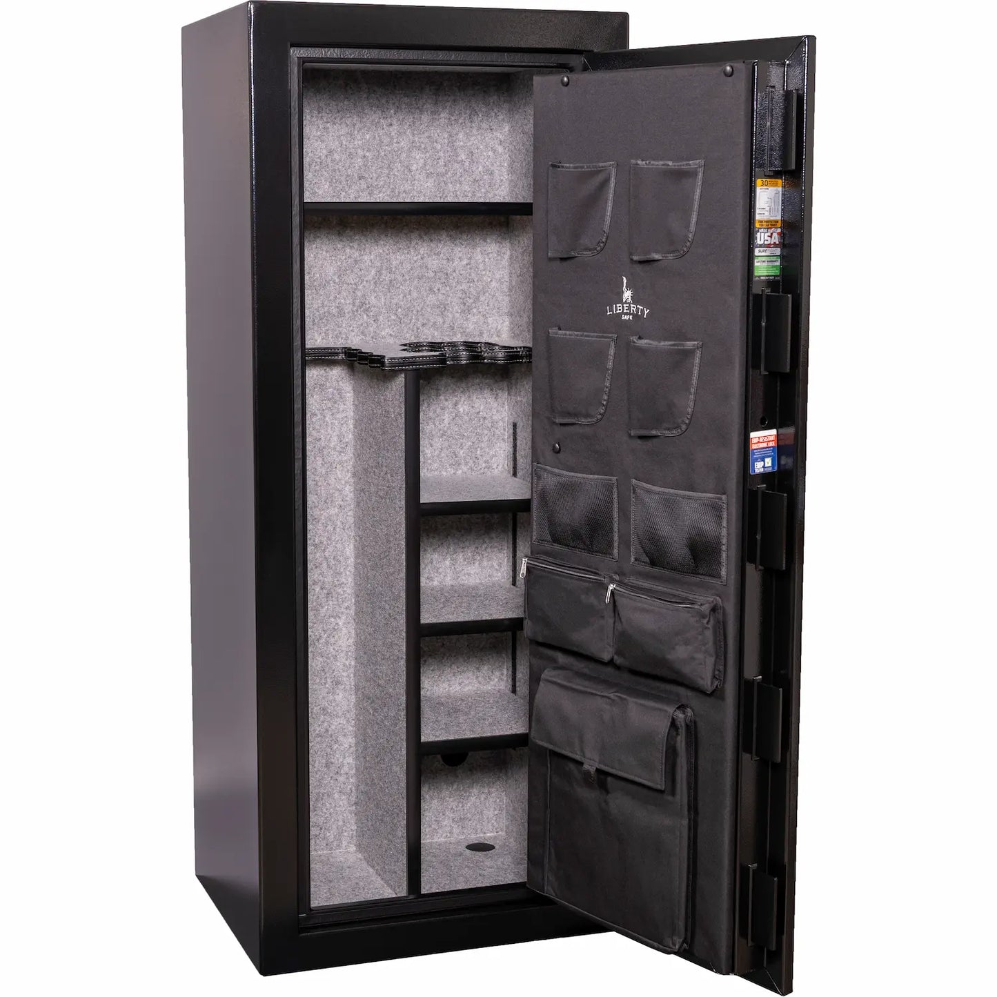 Liberty Safe Centurion 18 Dual Flex™ gun safe interior with adjustable shelves and gray fabric lining and door panel