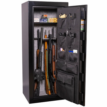 Liberty Safe Centurion 18-gun safe interior with loaded door panel organizer, up to 18 long gun storage, shown fully loaded